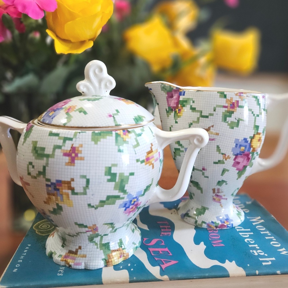 Erphila Windsor Petit‎ Point Sugar Bowl Creamer West Germany Floral Gold Set Vtg